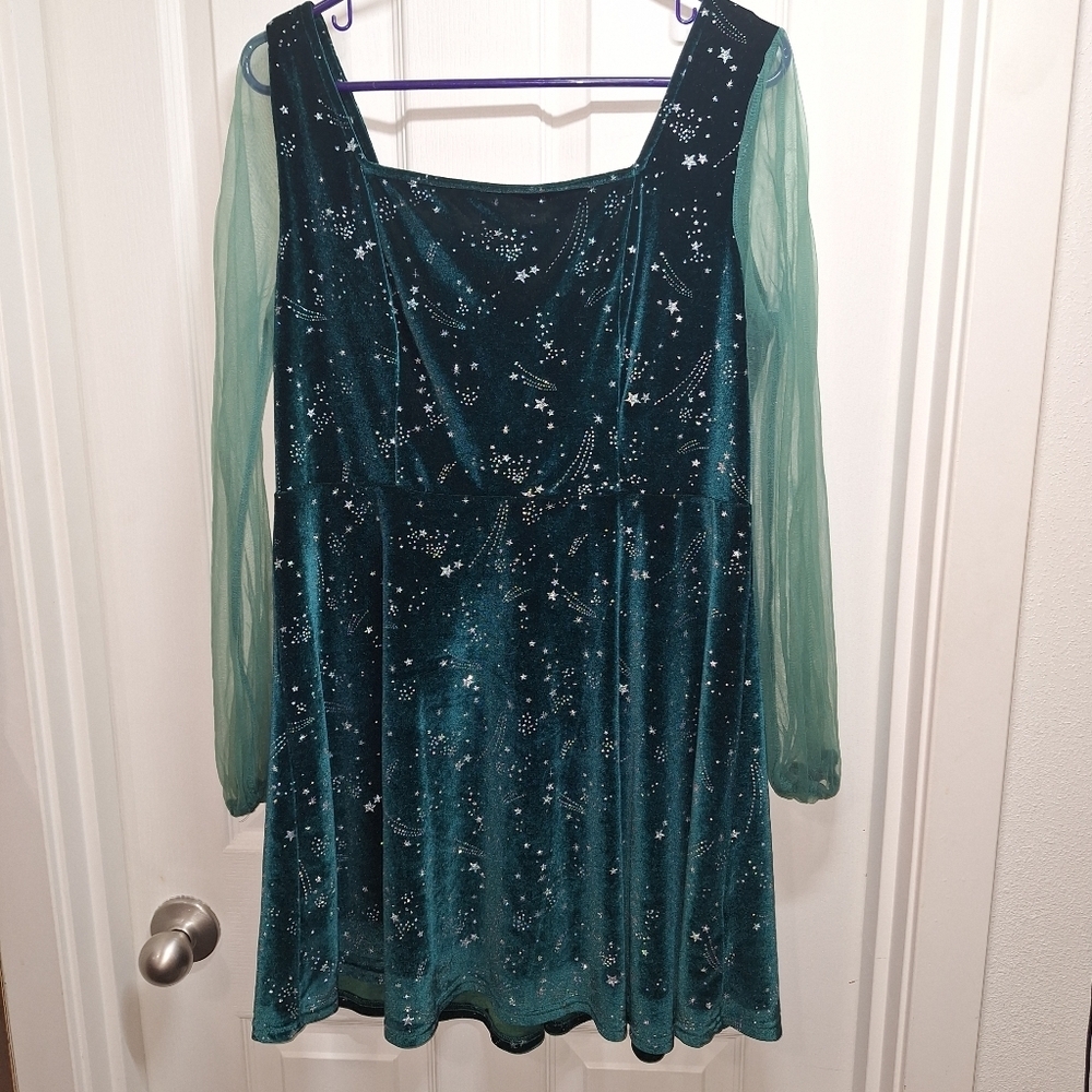 Forest Green Starry Silver Celestial Velvet Dress with Sheer Sleeves XL